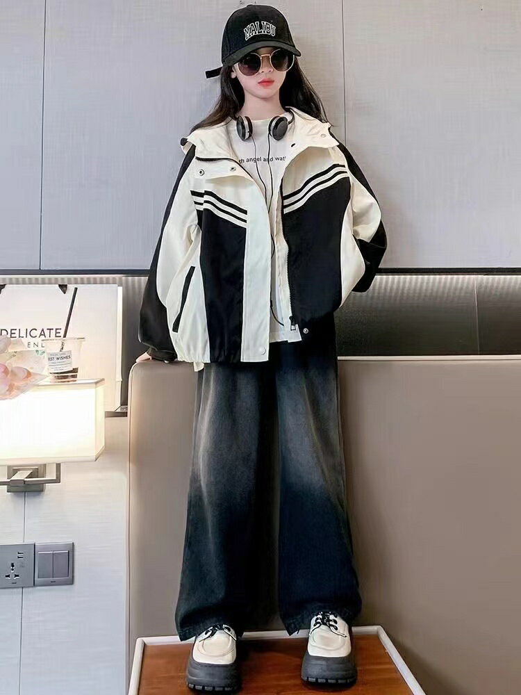 キッズ 子供服 ジャケット ショットコート 長袖 マウンテンパーカー ストリート系 子供マウンテンパーカー 子供ウインドブレーカー 白黒 トップス 薄手 アウタ...