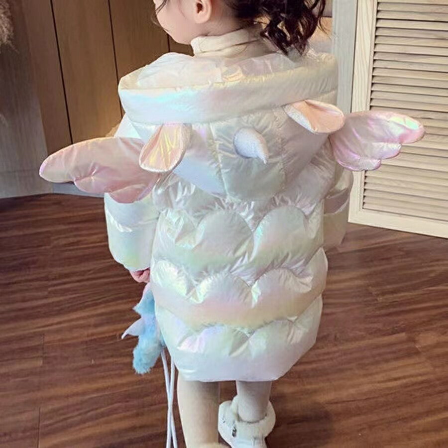 中綿ジャケット ロング キッズ 厚手 アウター かわいいコート 子供アウター キッズ中綿コート 女の子 子供服 ジュニア 防寒 暖かい冬綿コート 中綿コート パステルカラー服 天使 可愛い おしゃれ フード付き ユニコーン 小学生 中学生 通学用 KCFC079（3色90-150)