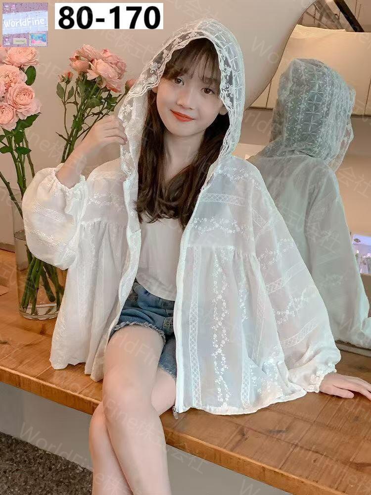 Rakuten - 日焼け止め服 アウター 子供服 キッズ パーカー フード付き シャツ 女の子 夏 ジュニア 薄手 レース 夏コーデ お出かけコーデ かわいい おしゃれ 韓国子供服風 春 夏 小学生 中学生 幼稚園 通学 KCHA020(80-170）