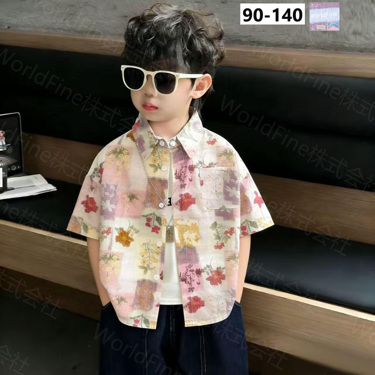 Rakuten - 子供服 男の子 シャツ 半袖 花柄 チェック くすみカラー ピンク系 襟付き ボタン開き ポケット付き ゆったりシルエット 柔らか カジュアル おしゃれ 夏服 普段着 通学 お出かけ KCHA030(90-140）