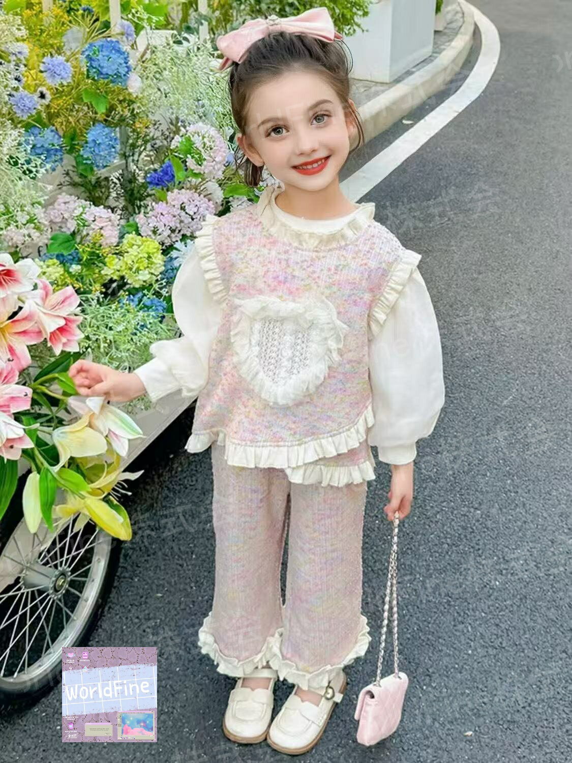 上下セット セットアップ 秋服 ベスト+ロングT+パンツ 3点セット キッズ フリル 長袖 パンツ セット 長..