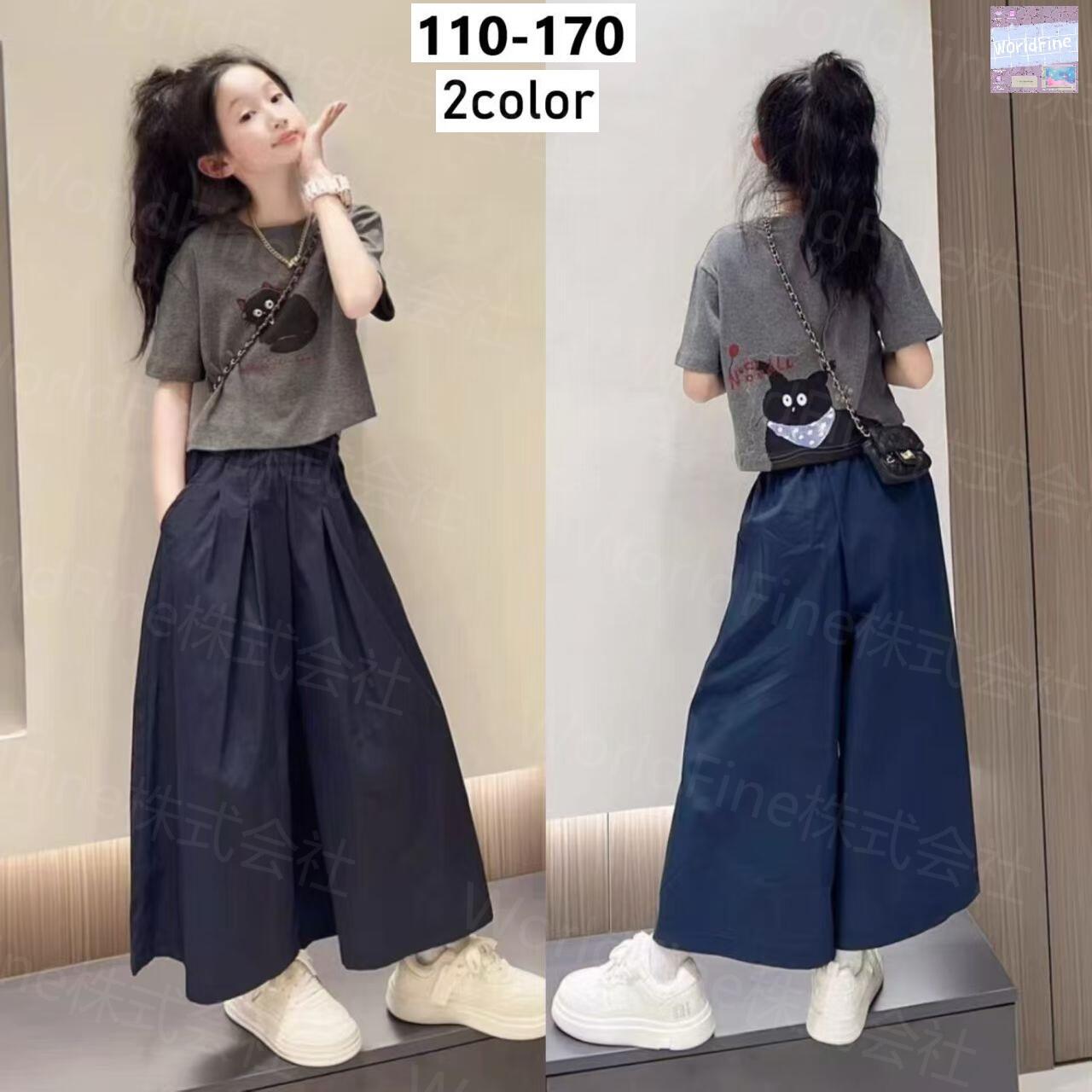 Rakuten - セットアップ キッズ 女の子 子供服 ジュニア 上下セット 2点セット 猫柄Tシャツレディース 半袖Tシャツ ワイドパンツ 夏上下セットアップ ロングパンツ ネコ柄 アニマルプリントtシャツ かわいい 夏服 おしゃれ 猫好き 韓国子供服 夏 ガールズ KSHA033 2色110 - 170