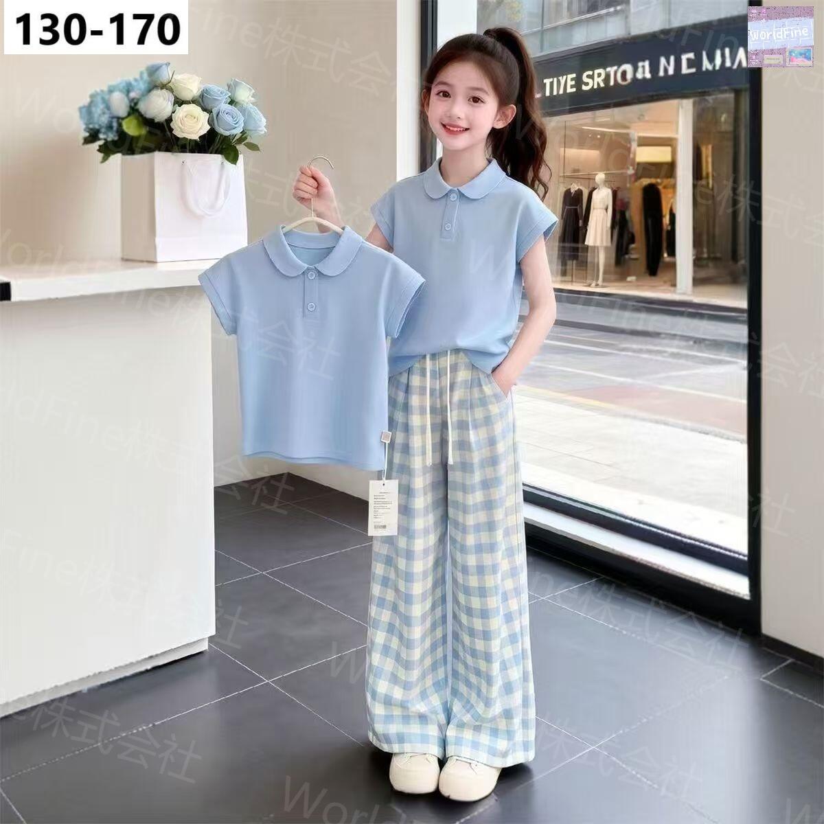 Rakuten - セットアップ キッズ 女の子 上下セット 2点セット 子供服 ジュニア 半袖ポロシャツ レディースポロシャツ半袖 丸襟シャツ 丸襟 ズボン ゆるっとパンツ ワイドパンツ ゆるパンツ チェック柄 カジュアル かわいい 夏服 おしゃれ 韓国子供服 夏 ガールズ KSHA034 130 - 170