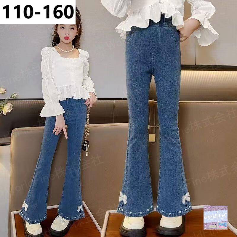 Rakuten - フレアパンツ デニムパンツ 女の子 子供服 こども服 キッズ パンツ ジーンズ デニムパンツキッズ ジーパン ズボン ジュニア ボトムス キッズジーンズ キッズデニムパンツ 子供デニムパンツ 動きやすい 楽ちん ウエストゴム 春 秋 ゆったり KTGA169（110-160）