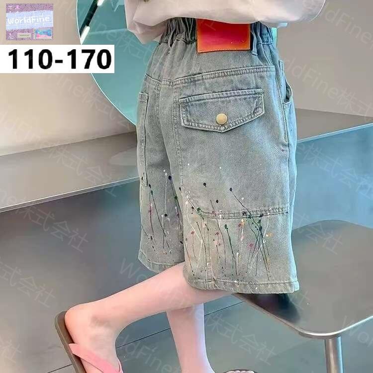 Rakuten - 子供服 女の子 デニムショーツ ジーンズ ハーフパンツ ウエストゴム ゆったり ワイドシルエット ウォッシュ加工 カジュアル 韓国風 ストリート 薄手 夏用 ジュニア ガールズ おしゃれ 可愛い 普段着 通学 110 120 130 140 150 160 170cm KTHA043(110-170）