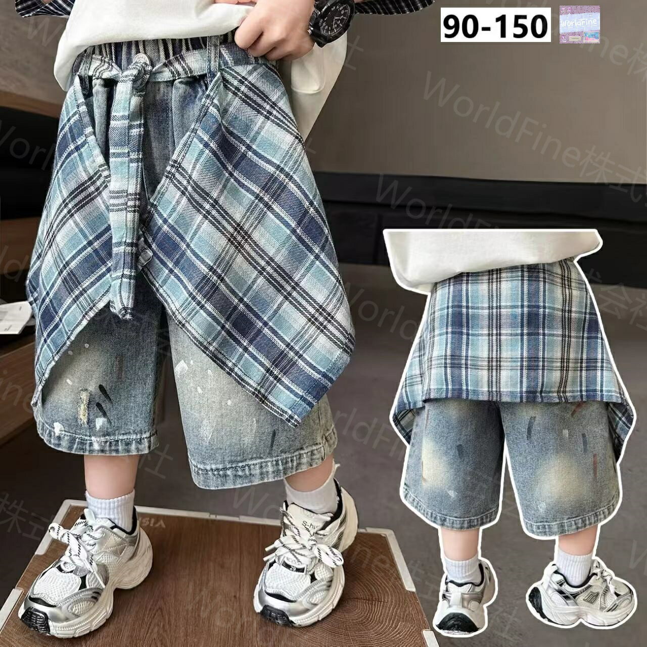 Rakuten - 子供服 男の子 デニムハーフパンツ ジーンズ セット風 チェック柄 スカート風布付き ウォッシュ加工 ダメージ風 スプラッシュペイント ウエストゴム ゆったり ワイドシルエット カジュアル ストリート風 夏用 90 100 110 120 130 140 150cm KTHA055(90-150）