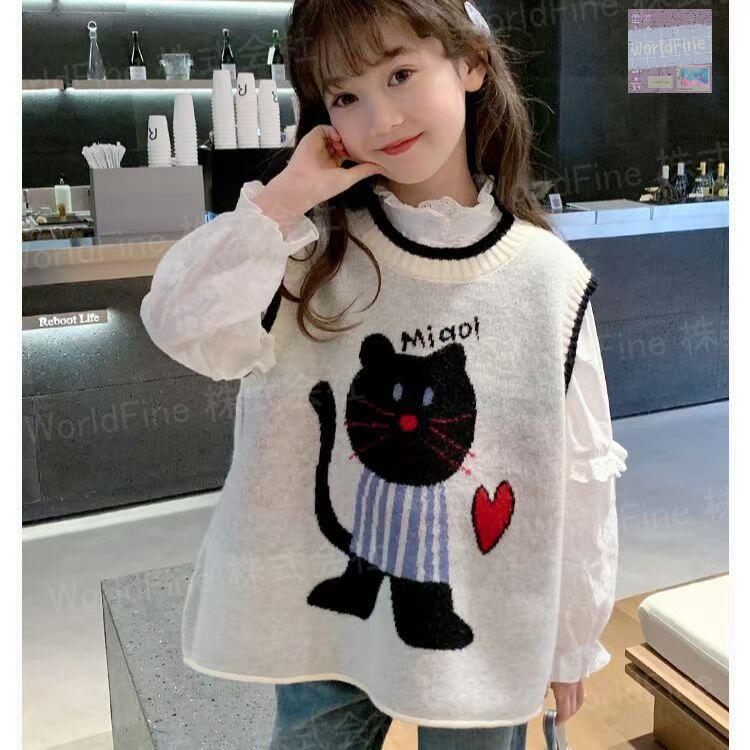 Rakuten - ニットベスト キッズ 子供服 トップス ノースリーブ キッズベスト カジュアル 女の子 猫柄 可愛いニット かわいいニット 秋服 冬服 ゆったり 可愛い 丸首 長袖 KUGA151（110-170）