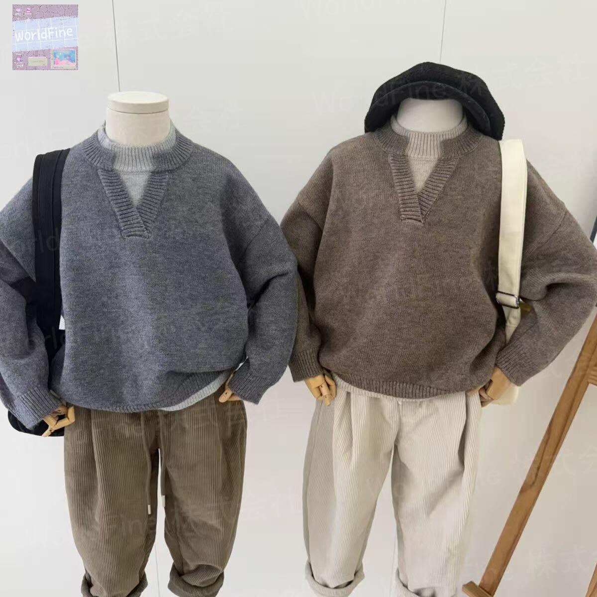 Rakuten - ニットセーター キッズ 子供服 トップス Vネック セーター ニット カジュアル 男の子 セーターキッズ おしゃれニット おしゃれセーター あったかい 無地 シンプル 冬服 ゆったり 可愛い 丸首 長袖 KUGA160（2色100-160）