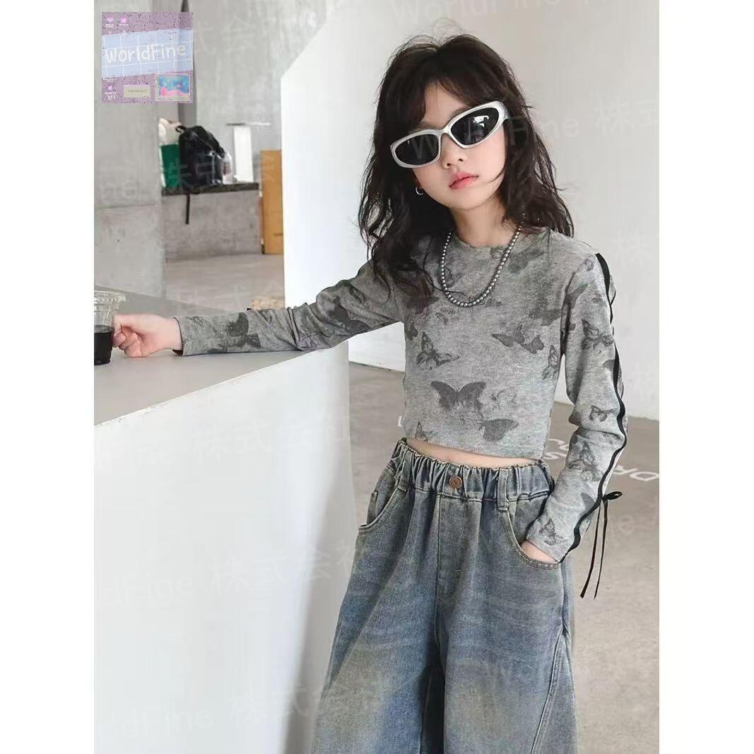 キッズ 子供服 Tシャツ トップス カットソー 蝶柄 ロングTシャツ 総柄 キッズロンT 女の子の服 女の子洋服 子供の服 秋Tシャツ ロンティー おしゃれTシャツ 女の子秋 女の子 秋 ゆったり 可愛い ジュニア 長袖 薄手 KUGA165（110-170）