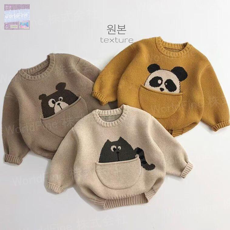 Rakuten - ニット セーター ベビー キッズ ベビー服 子供服 男の子 女の子 冬 トップス ニットセーター 動物柄 あったかい ゆったり カジュアル おしゃれ かわいい 可愛い 丸首 長袖 セーターキッズ 1歳女の子服 1歳男の子服 ベビー80服 猫 くま パンダ ぶた 犬 KUGA169（5色80-140）