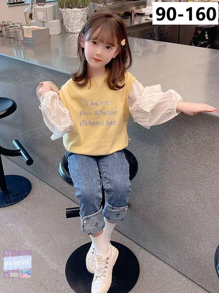 キッズ 子供服 Tシャツ 重ね着風 トップス カットソー 英文字 女の子の服 女の子洋服 子供の服 秋Tシャツ ロンティー おしゃれTシャツ 女の子秋 女の子 秋 ゆったり 可愛い ジュニア 長袖 薄手 KUGA176（90-160）