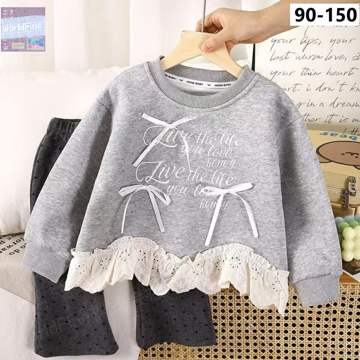 Other - 子供服 トレーナー キッズ 子供 女の子 リボントップス ジュニア トップス リボン カジュアル グレー レース 春 ゆったり 可愛い かわいい 長袖 英文字 キッズ服 女の子の服 女の子洋服 女の子服110 子供服女の子120 可愛い服 子供服150センチ女の子 KUGA177（90-150）