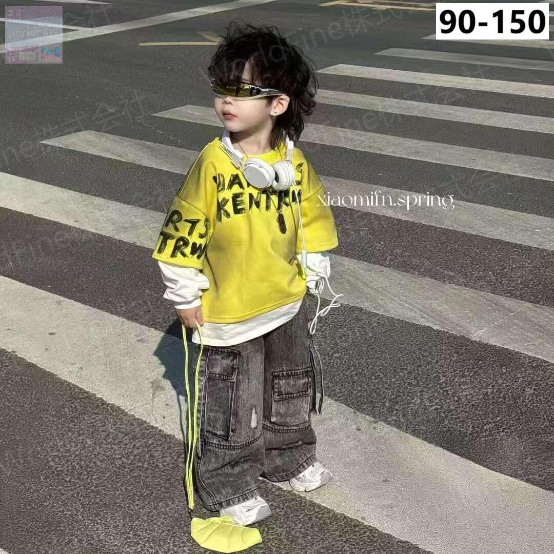 Rakuten - 子供服 男の子 Tシャツ キッズ 子供 ジュニア トップス ロンT 春 長袖 重ね着風 イエロー 黄色 英字 ゆったり カジュアル ストリート ダンス 衣装 通学 お出かけ かっこいい 派手 お洒落 個性的 子供ロンT ダンスロンt 90 100 110 120 130 140 150 KUHA003(90-150)
