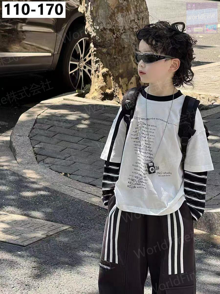 Rakuten - 子供服 男の子 ロンT キッズ 子供 ジュニア トップス Tシャツ 春 秋 長袖 重ね着風 フェイクレイヤード ボーダー 英字 カジュアル ストリート かっこいい 通学 お出かけ 小学生 キッズロンt ロンt110 ロングTシャツキッズ 110 120 130 140 150 160 170 KUHA015(110-170)
