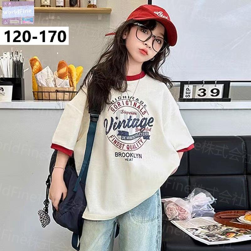 Rakuten - Tシャツ キッズ 女の子 トップス プリント かわいい オーバーサイズ ビッグシルエット カジュアル 夏服 おしゃれ 韓国子供服 春 夏 ガールズ 小学生 幼稚園 通学 普段着 KUHA044(120-170)