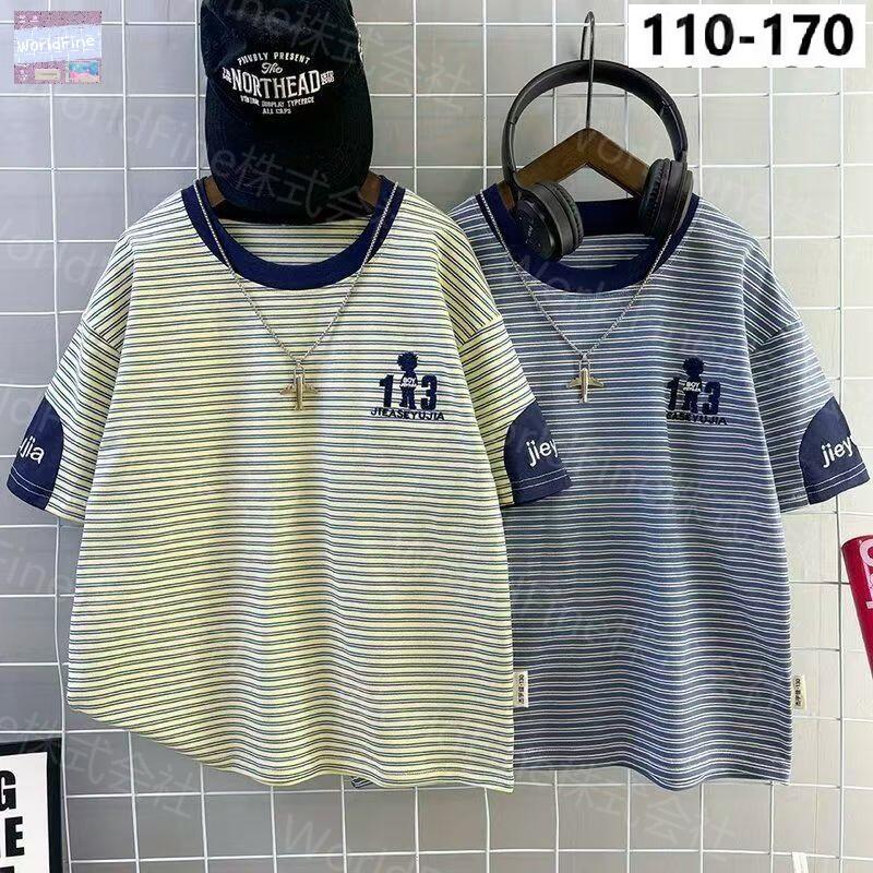Rakuten - 子供服 半袖Tシャツ 男の子 キッズ ストライプ ボーダー 新作 夏服 おしゃれ カジュアル ゆったり ジュニア 通学 普段着 子ども服 トップス KUHA054(2色110-170）