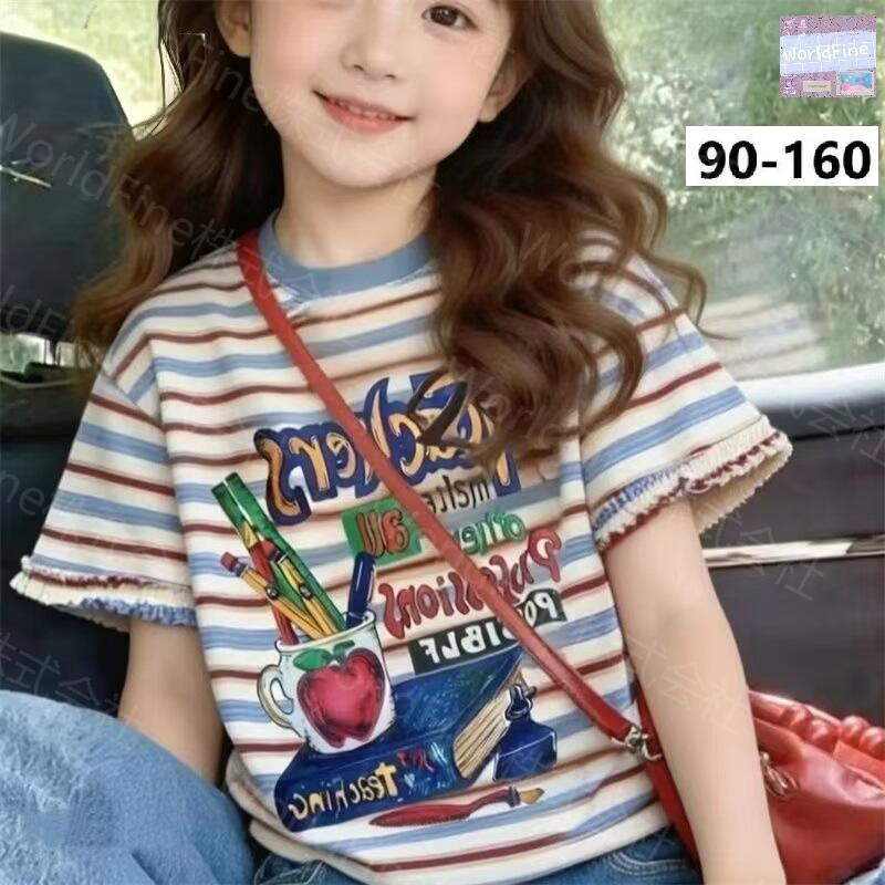 Rakuten - 女の子 半袖Tシャツ キッズ ストライプ ボーダー コットン イラストプリント 花飾りガール 猫柄 フリル袖 子供服 春 夏 小学生 おしゃれ 可愛い 韓国風 カジュアル KUHA072(2柄90-160）