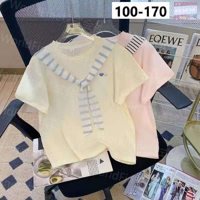 Rakuten - Tシャツ キッズ 女の子 半袖 セーラーカラー ストライプリボン ハート刺しゅう トップス 韓国風 おしゃれ 可愛い 春夏 ガーリー カジュアル 普段着 通学KUHA086(2色100-170）