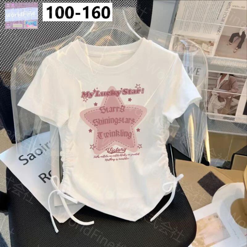Rakuten - 子供服 女の子 半袖 T シャツ クロップド丈 星柄プリント 英字 サイドシャーリング 紐結び 丸首 スリムシルエット 夏服 カジュアル おしゃれ 可愛い 普段着 通学 お出かけ キッズファッション KUHA090(3色100-160）