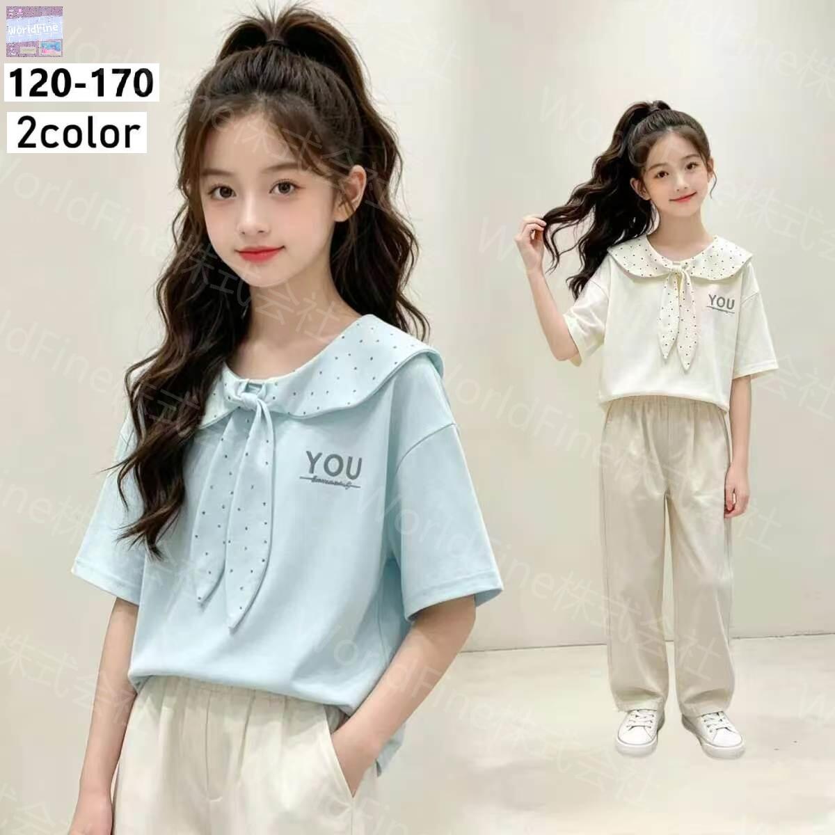 女の子半袖Tシャツ水玉ドット襟付き...