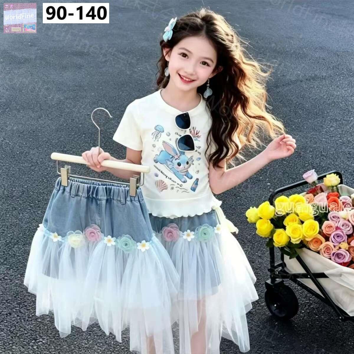 Rakuten - キッズ セットアップ 上下セット キャラクタープリントTシャツ+デニムチュールスカートセット 可愛い 女の子 夏服 韓国子供服風 通園 お出かけ KSHA042(90-140）