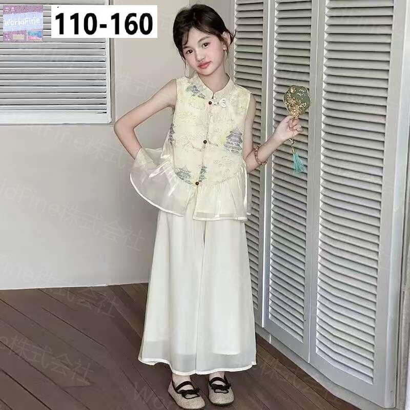 Rakuten - キッズ 女の子 セットアップ 上下セット 中華風 チャイナ風 ノースリーブベスト+ワイドパンツ 可愛い レース 透け感 エレガント 通園 通学 夏用 柔らかい おしゃれ ジュニア KSHA047(110-160）