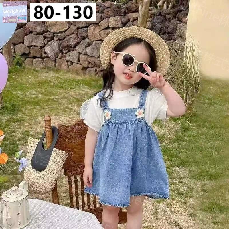Rakuten - キッズ 女の子 セットアップ 2点セット 半袖Tシャツ+デニムサロペットスカート 薄手 韓国子供服風 可愛い ガーリー 夏用 通気性 柔らかい 通園 通学 お出かけ KSHA049(80-130）