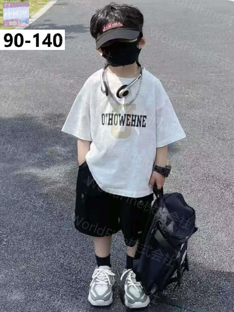 Rakuten - 子供服 セットアップ 上下セット 半袖Tシャツ ハーフパンツ キッズ 子供 男の子 ジュニア 夏 Tシャツ カーゴパンツ 半袖 ストリート系 英字プリント 通気性 柔らかい 動きやすい おしゃれ 可愛い カジュアル 夏用 キッズズボン男の子 半ズボンセットアップ KSHA064(90-140）