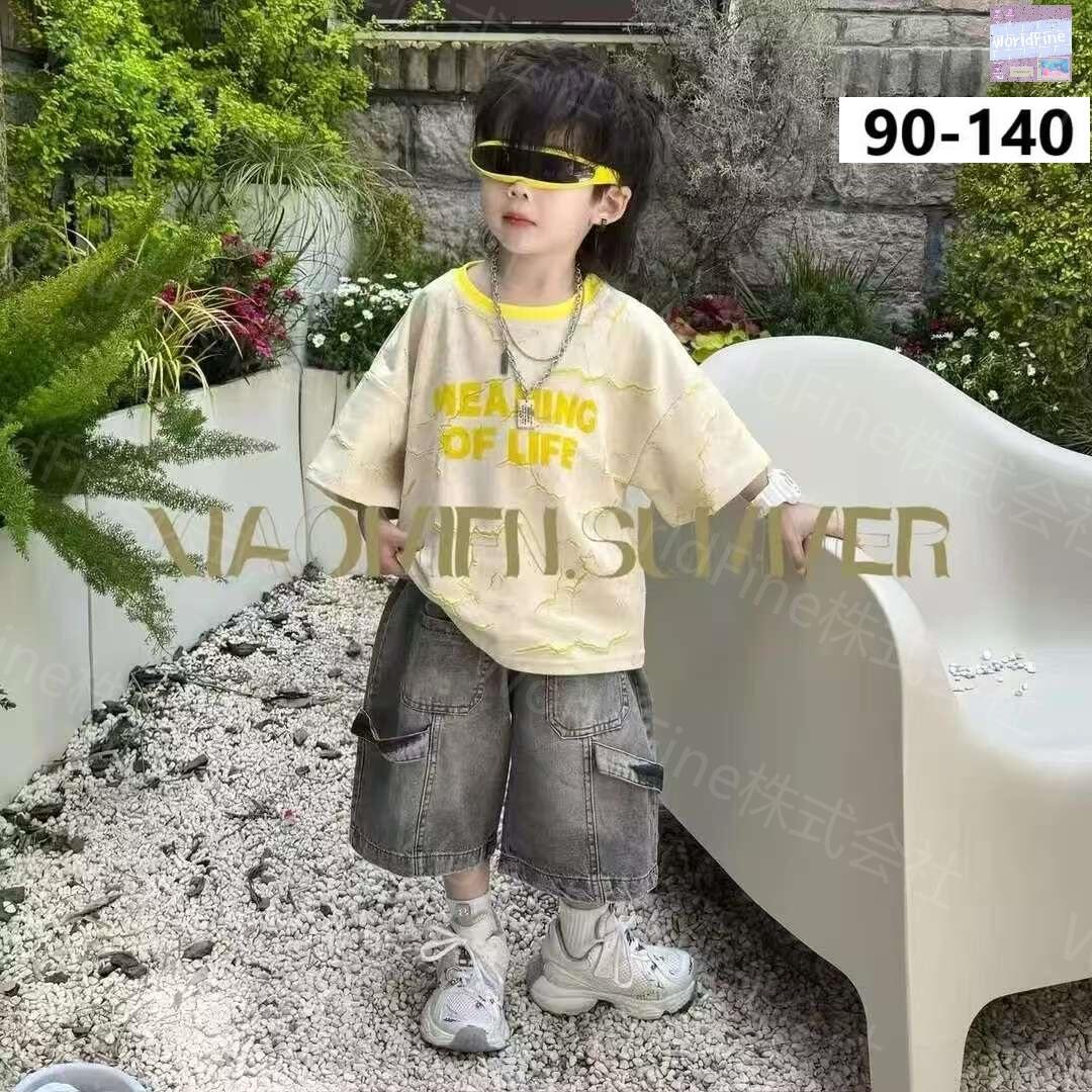 Rakuten - セットアップ キッズ 上下セット 男の子 子供服 ジュニア 半袖Tシャツ+ハーフパンツ デニムショートパンツ カジュアル 夏服 かっこいい おしゃれ 韓国子供服 春 夏 ボーイズ 可愛い 小学生 KSHA067(90-140）