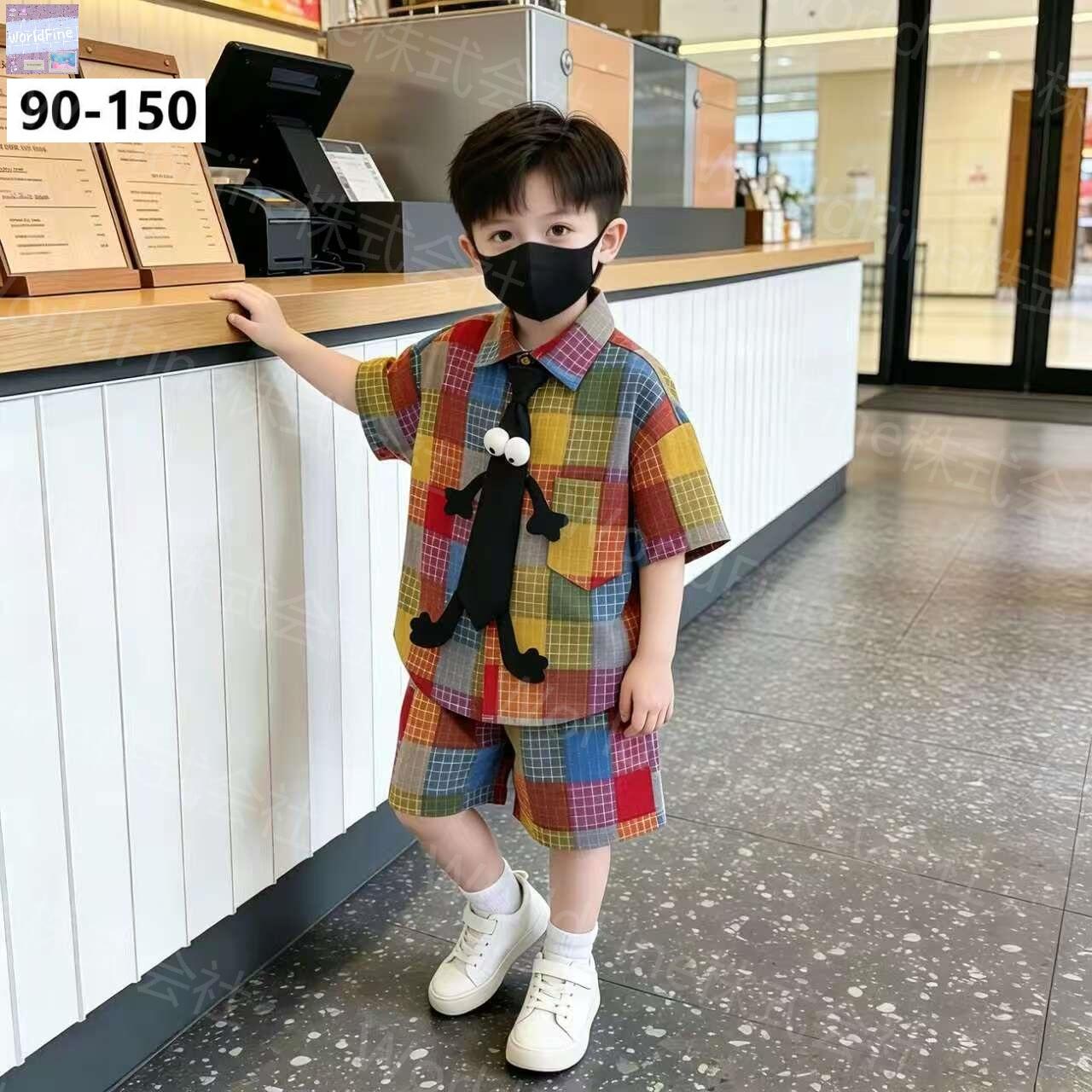 Rakuten - キッズ 男の子 セットアップ 上下セット 半袖 チェックシャツ+ショートパンツ ネクタイ付き 韓国子供服風 カラフル キャラクター カジュアル 夏用 柔らかい 動きやすい おしゃれ 小学生 お出かけ ギフト プレゼント KSHA071(90-150）