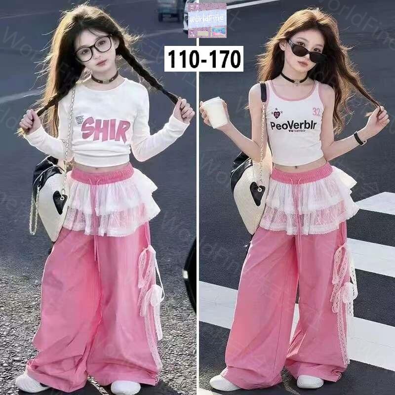 Rakuten - キッズ 女の子 セットアップ 上下セット トップス+ワイドパンツ 上下セット 韓国子供服風 レースティアード 可愛い ガーリー ピンク カジュアル 夏用 柔らかい 動きやすい おしゃれ ジュニア 普段着 通学 お出かけ ギフト プレゼント KSHA072(3タイプ110-170）