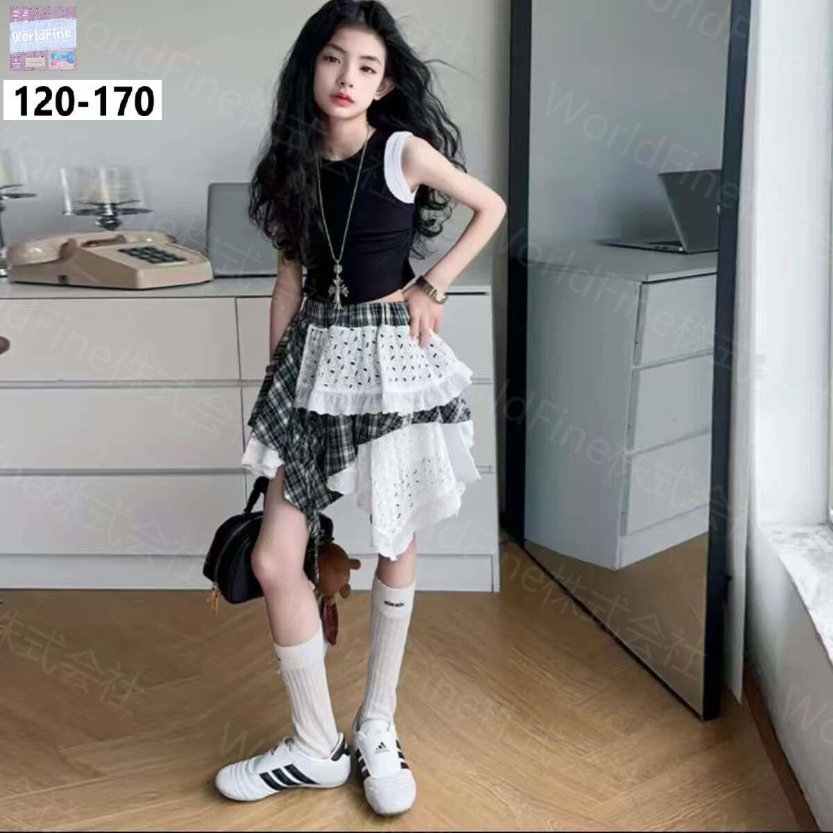 キッズ 女の子 セットアップ 上下セット ノースリーブ トップス+チェックスカート レーススカート 韓国子供服風 ダンス練習着 ガーリー ジェンダーレス カジュアル 夏用 柔らかい おしゃれ 小学生 中学生 ジュニア お出かけ ギフト プレゼント KSHA074(120-170）