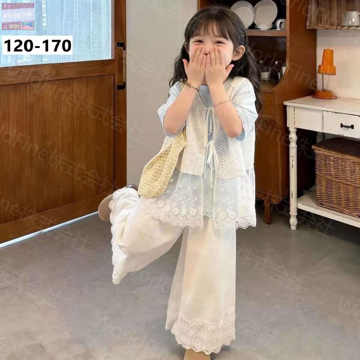 Rakuten - キッズ 女の子 セットアップ 上下セット 半袖Tシャツ+カーディガン+ワイドパンツ 透かし編み レース レース裾パンツ 韓国子供服風 ナチュラル ガーリー 夏用 通気性 柔らかい 動きやすい おしお出かけ ギフト プレゼントKSHA077(120-170）