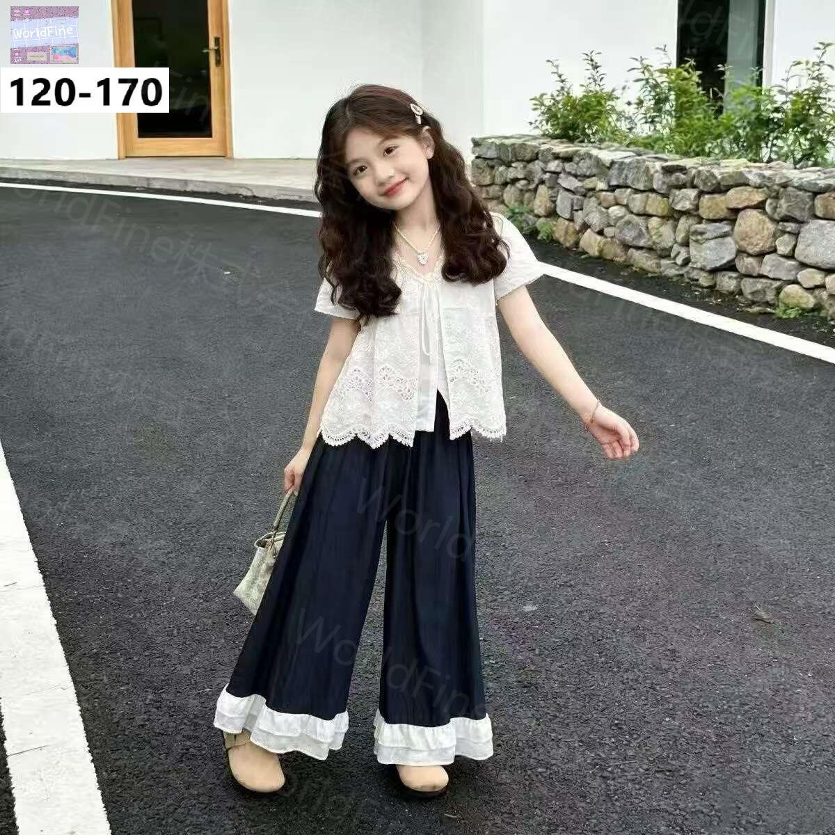 Rakuten - 子供服 女の子 上下セット シャツ 半袖 レース ブラウス ワイドパンツ ワイドパンツ カジュアル ジュニア かわいい 小学生 中学生 夏服 おしゃれ 韓国子供服 春 夏 ガールズ お出かけ KSHA080(120-170）
