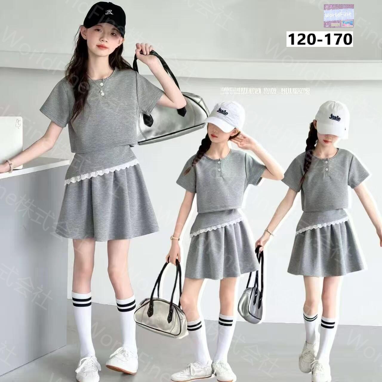 キッズ 女の子 セットアップ 上下セット 韓国子供服 半袖 トップス+スカート 2点セット レース裾 インナーパンツ付きスカート 無地 ナチュラル カジュアル セットアップ 夏用 小学生 中学生 ジュニア 出かけ ギフト プレゼント KSHA098(120-170）