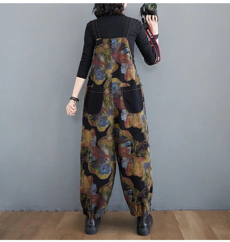 【クーポン利用で3,999円】オーバーオール デニム サルエル オールインワン ロング サルエルパンツ 春秋レディース アラジンパンツ おしゃれ サロペット ゆったり 楽ちん 花柄 総柄 オシャレ お洒落 かわいい 大きいサイズ プラスサイズ XL 2XL 20代 30代