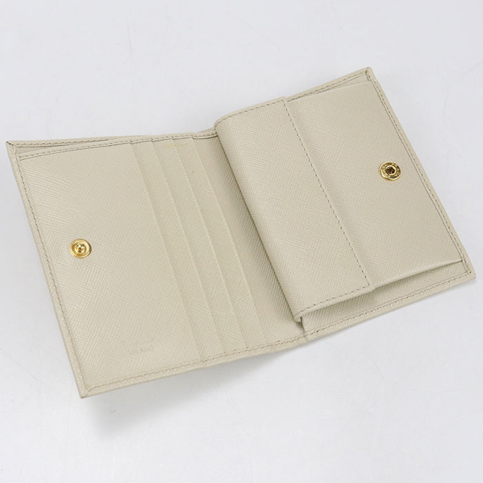 【中古良品】PRADA プラダ 二つ折り財布 1MV204 サフィアーノトライアングル レディース アイボリー