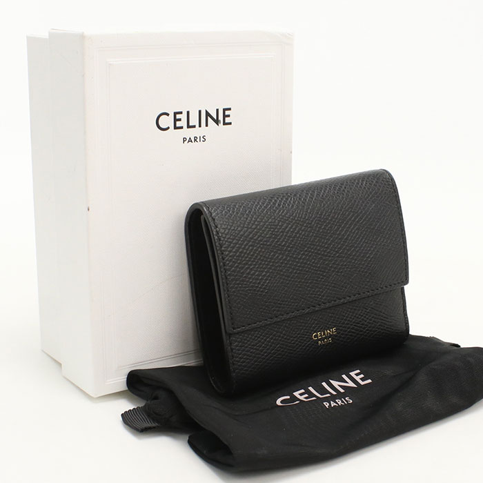 CELINE ブラックレザー 三つ折り財布 シルバー CELINE（セリーヌ） 二つ折り財布 10E493GTH.38SI レディース