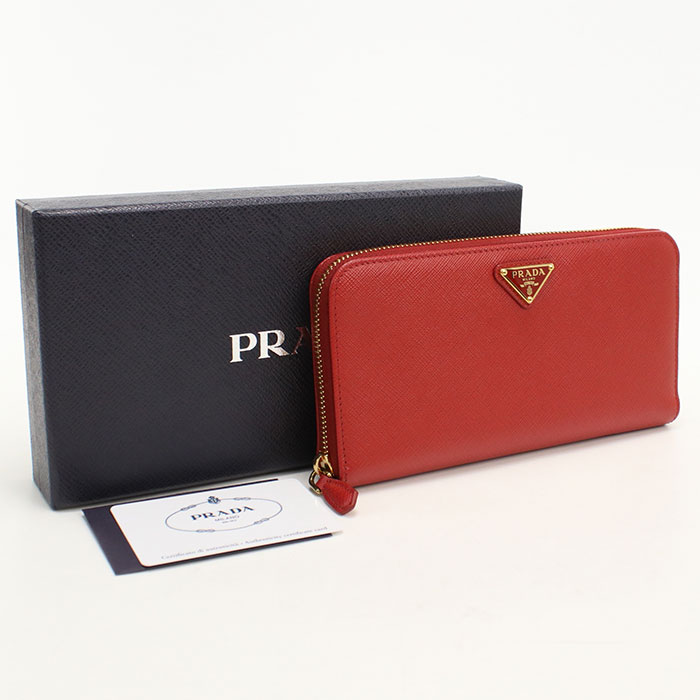【中古・未使用】PRADA プラダ 長財布ラウンドファスナー 1ML506 ジップアラウンド長財布 サフィアーノトライアングル レディース レッド