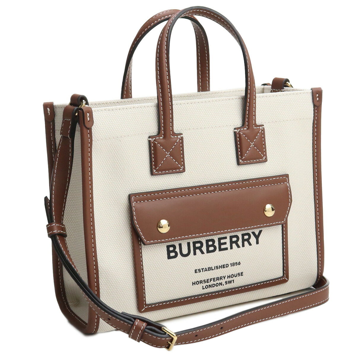 バーバリー BURBERRY トートバッグ ブランド ショルダー付 2way 通勤 通学 8044143 A1395 ミニ ツートン キャンバス＆レザー NATURAL-TAN ホワイト系 ブラウン系 bag-01