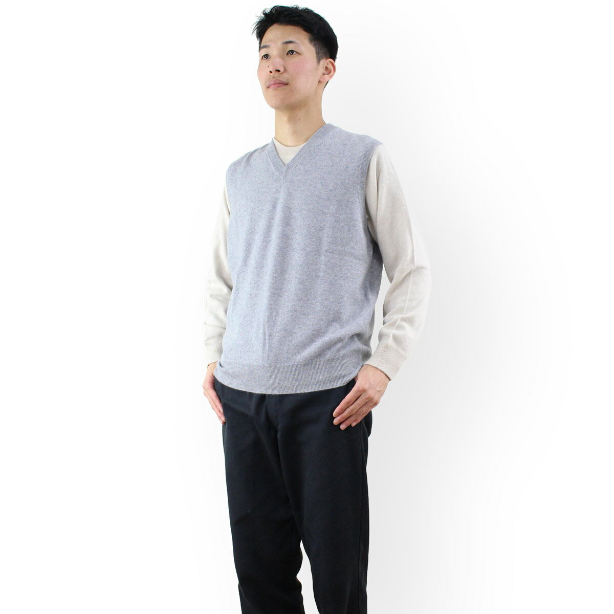 ルナリアカシミア Lunaria Cashmere Model 106 1 ピュアカシミアニット Vネックベストメンズ カラー：グレー メンズ OLS-4 apparel-01 warm-04 OLS-7