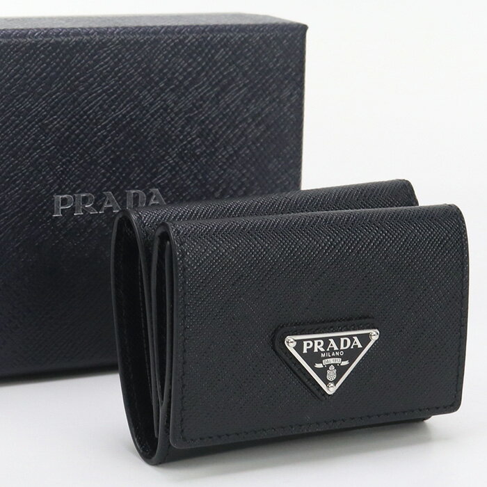 【中古良品】PRADA プラダ 三折財布 2MH042 QHH F0002 サフィアーノトライアングル 財布 メンズ ブラック