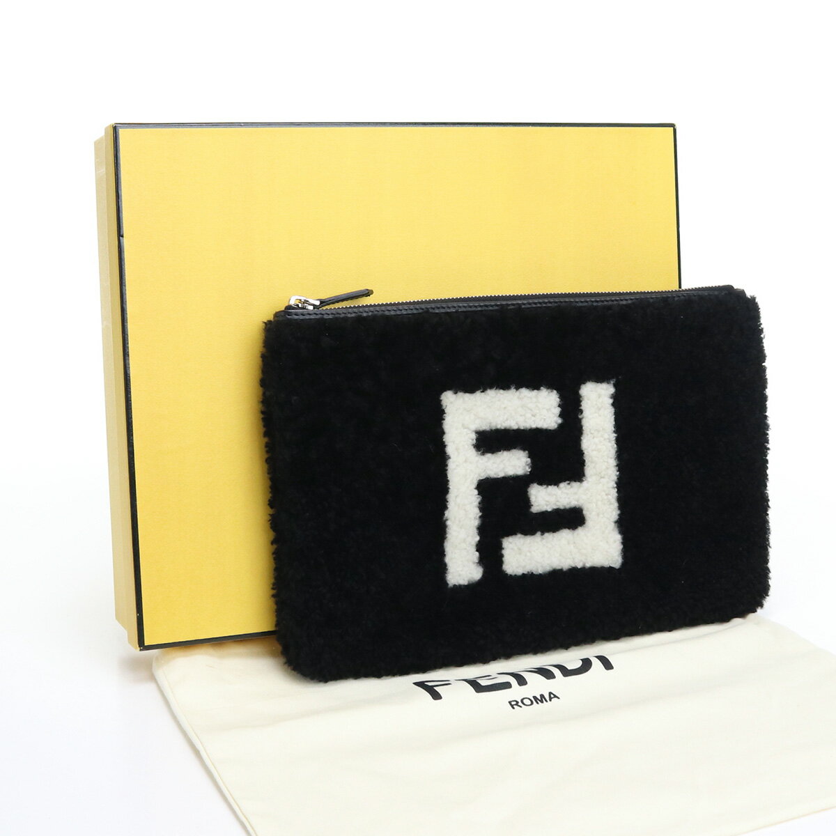 【中古良品】フェンディ(FENDI) クラッチバッグ シープファー 7N0078 A4K4 F0D4B ブラック【ランク：A】 us-2 メンズ レディース