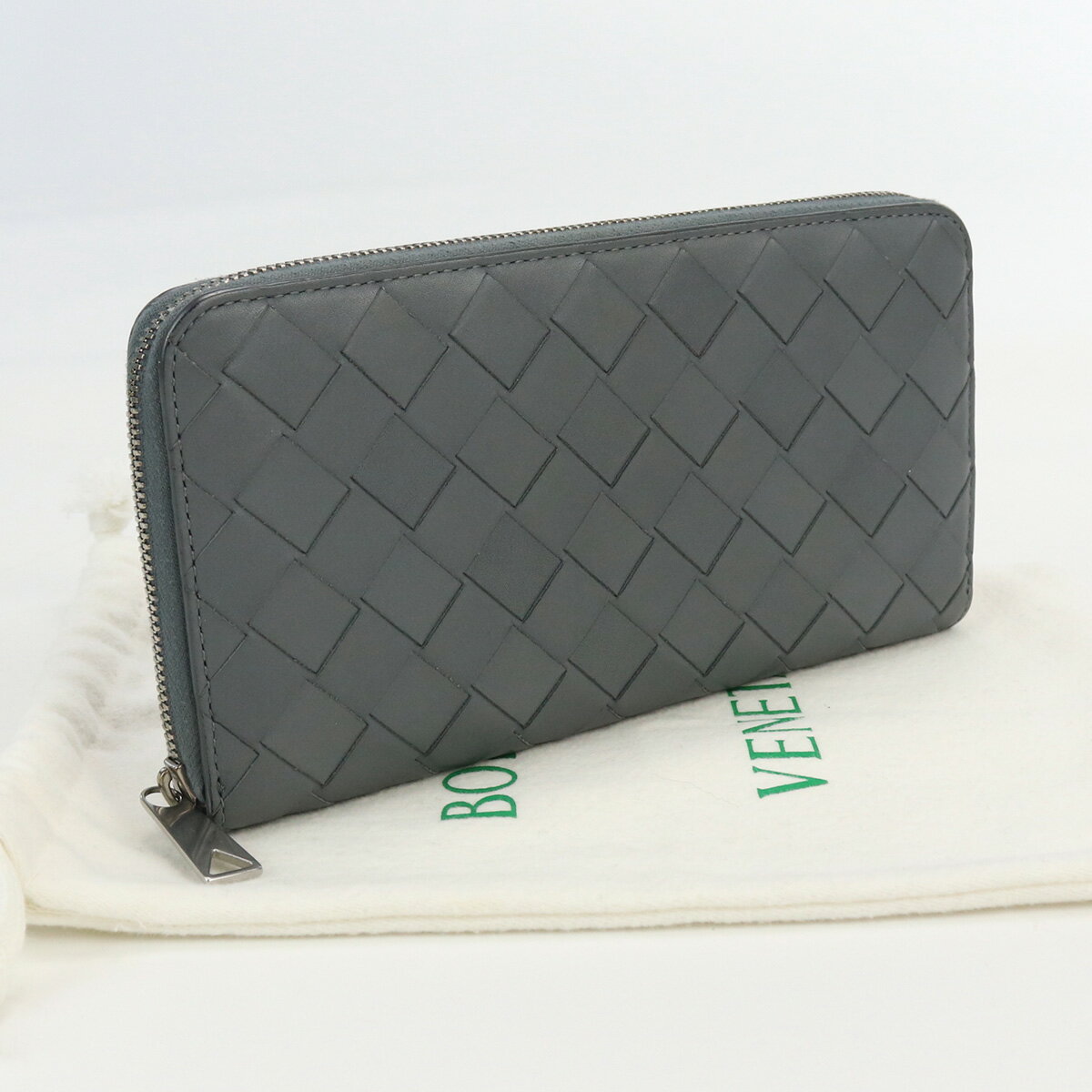 【中古良品】ボッテガ・ヴェネタ(BOTTEGA VENETA) イントレチャート ジップアラウンドウォレット レザー グレー系　【ランク：A】 us-2 メンズ