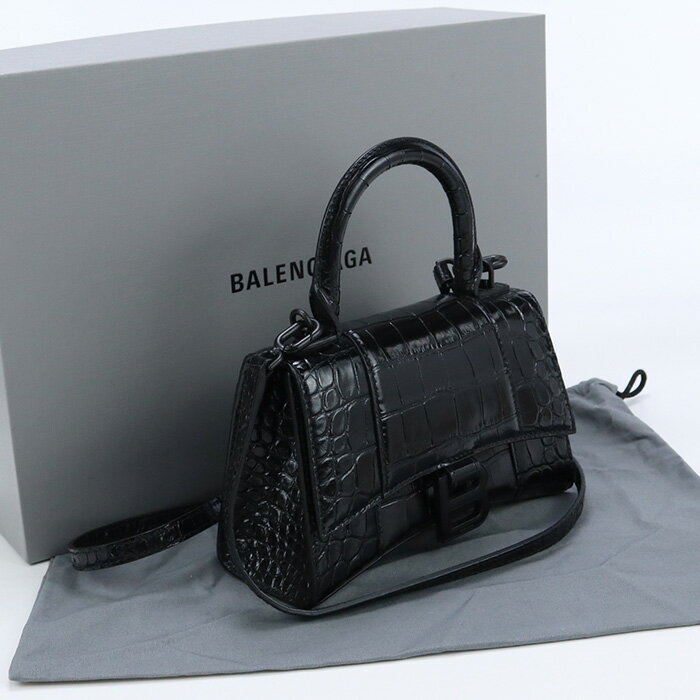 【中古美品】バレンシアガ(BALENCIAGA) アワーグラス XS ハンドバッグ クロコ型押しカーフ 592833 1LR67 1000 ブラック系　【ランク：S】 us-1 2WAY ショルダー レディース