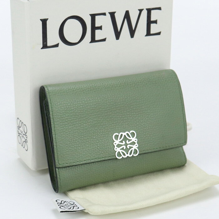 【中古良品】ロエベ(LOEWE) アナグラム バーティカルウォレット スモール ブランド 三つ折り財布 C821S33X01 グリーン系【ランク：A】 us-2 レディース