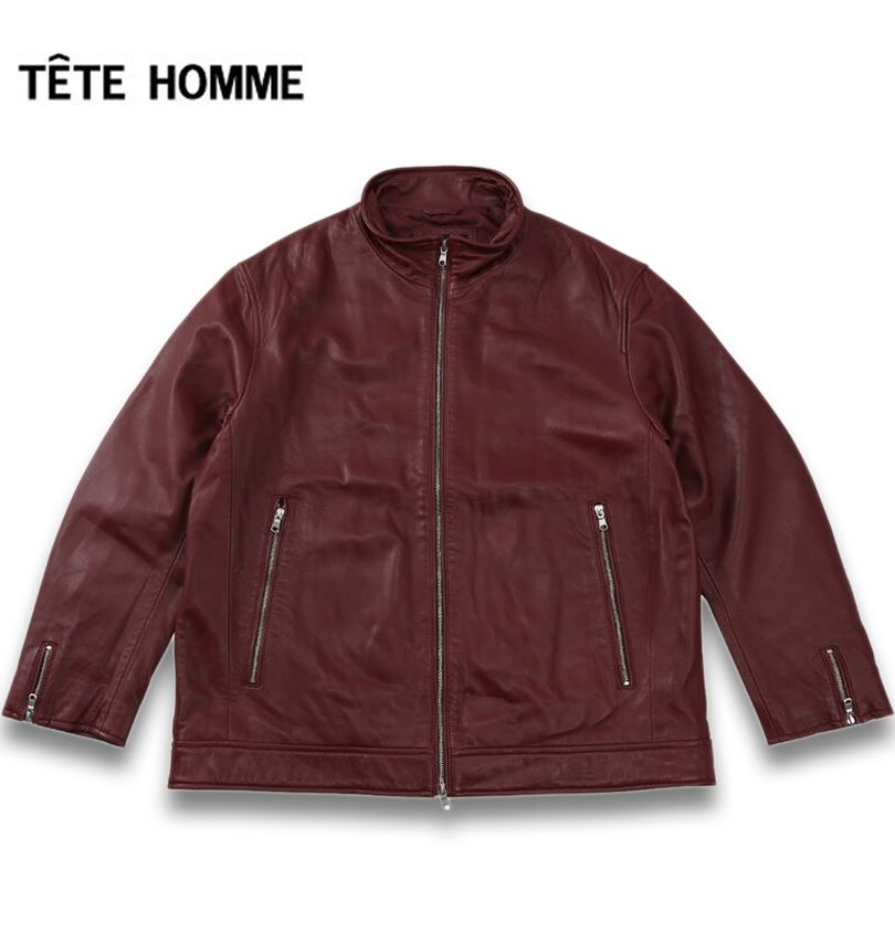 大きいサイズ メンズ TETE HOMME スタンドカラー レザーブルゾン ワイン 3L 4L 5L 6L 送料無料