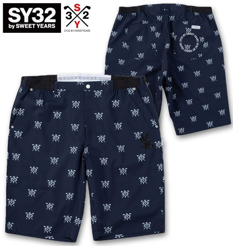 大きいサイズ メンズ SY32 by SWEET YEARS ゴルフ クロスロゴ グラフィック ハーフパンツ ネイビー 3L 4L 5L 6L 送料無料