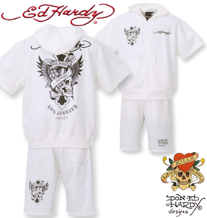 大きいサイズ メンズ Ed Hardy エドハーディー プリント&刺繍半袖フルジップパーカージャージ 上下セット オフホワイト 3L 4L 5L 6L 8L 送料無料