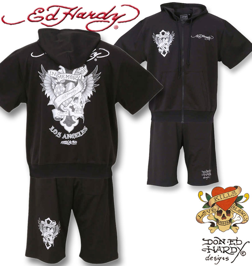 大きいサイズ メンズ Ed Hardy エドハーディー プリント&刺繍半袖フルジップパーカージャージ 上下セット ブラック 3L 4L 5L 6L 8L 送料無料